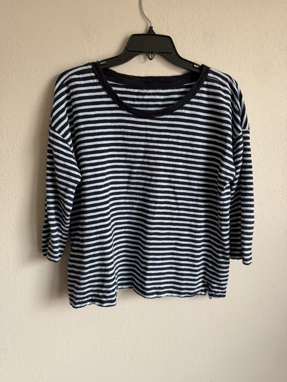 Talbots Navy Light Blue Stripe 100% Cotton 3/4 Sleeve Blouse Womens L Casual